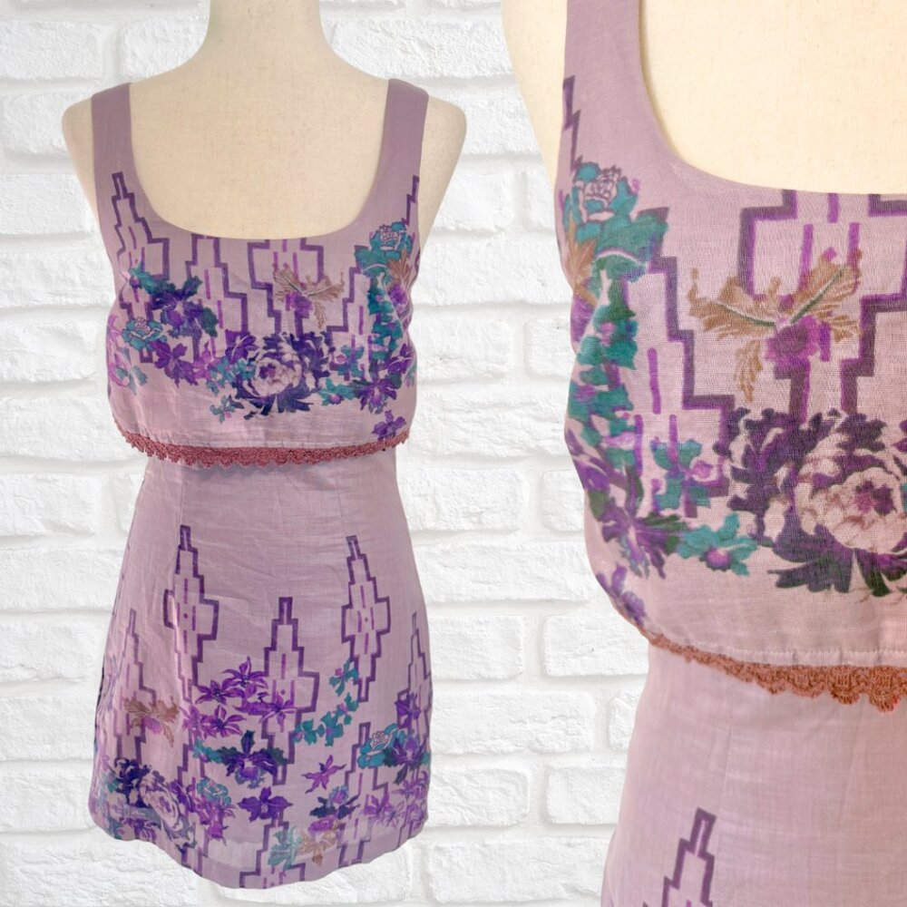 Free People Size 0 Purple Sleeveless A-Line Dress Floral Mauve Tiered Mini Boho